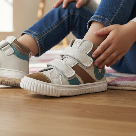 Pierrot Outlet kindersneakers van leer en suède in wit, bruin en petrol met klittenband en ster-detail op de zijkant.