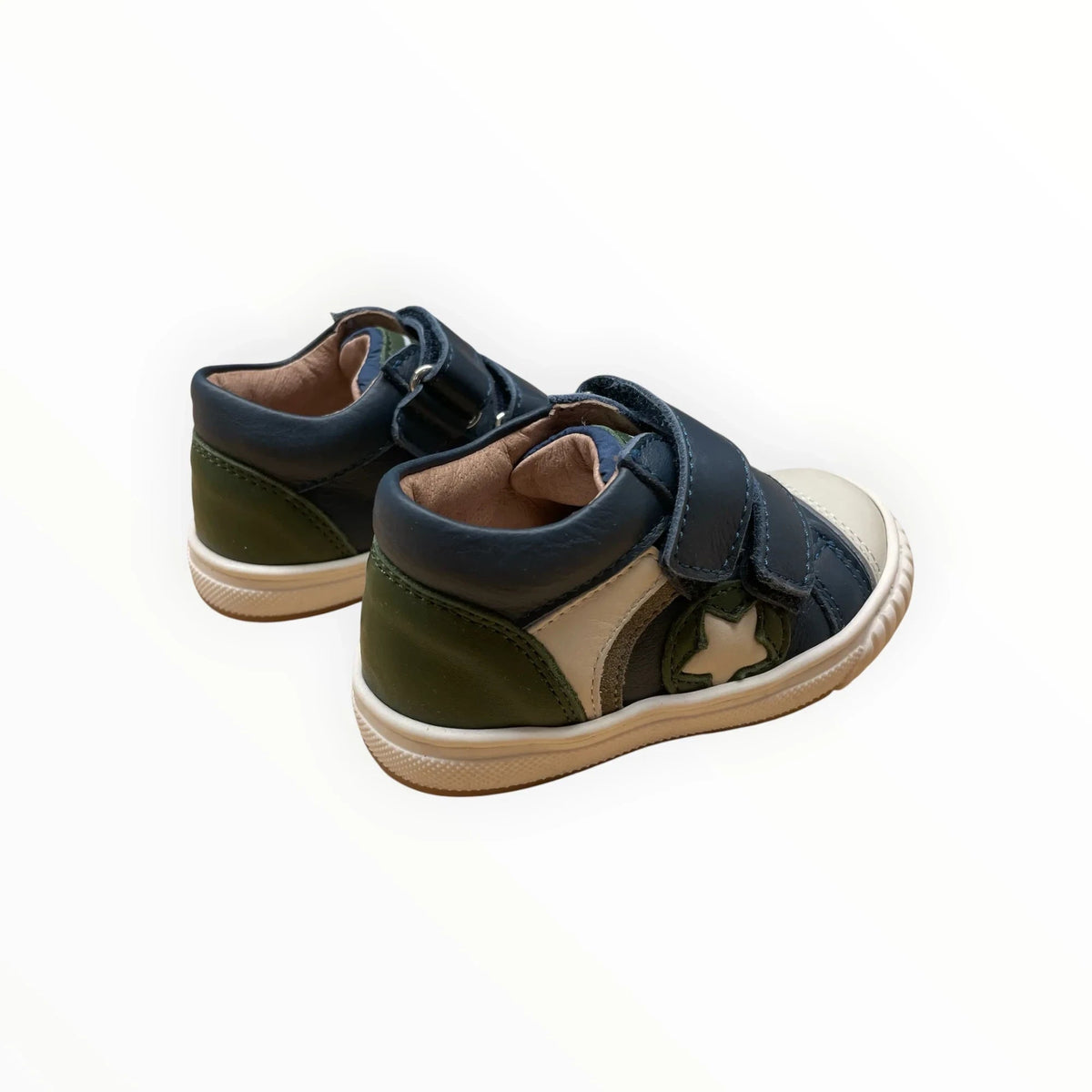 Pierrot Outlet kindersneakers van leer in donkerblauw en olijfgroen met klittenband en ster-detail op de zijkant