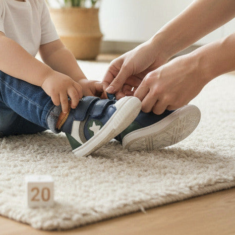 Moeder helpt lachende peuter met het aantrekken van Pierrot Outlet leren sneakers in donkerblauw en olijfgroen