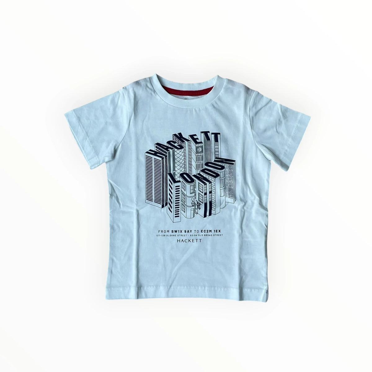 Pierrot Outlet lichtblauw katoenen T-shirt voor jongens met een grafische print van Londense gebouwen