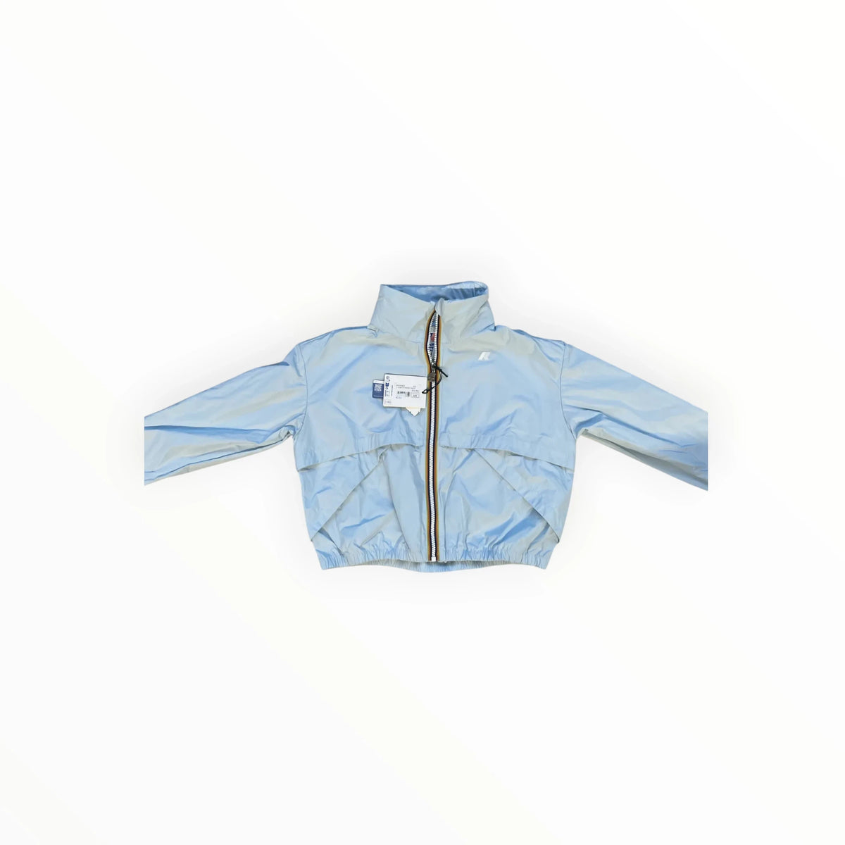 Pierrot Outlet lichtblauw K-Way windjack met iconische meerkleurige ritssluiting en elastische boorden