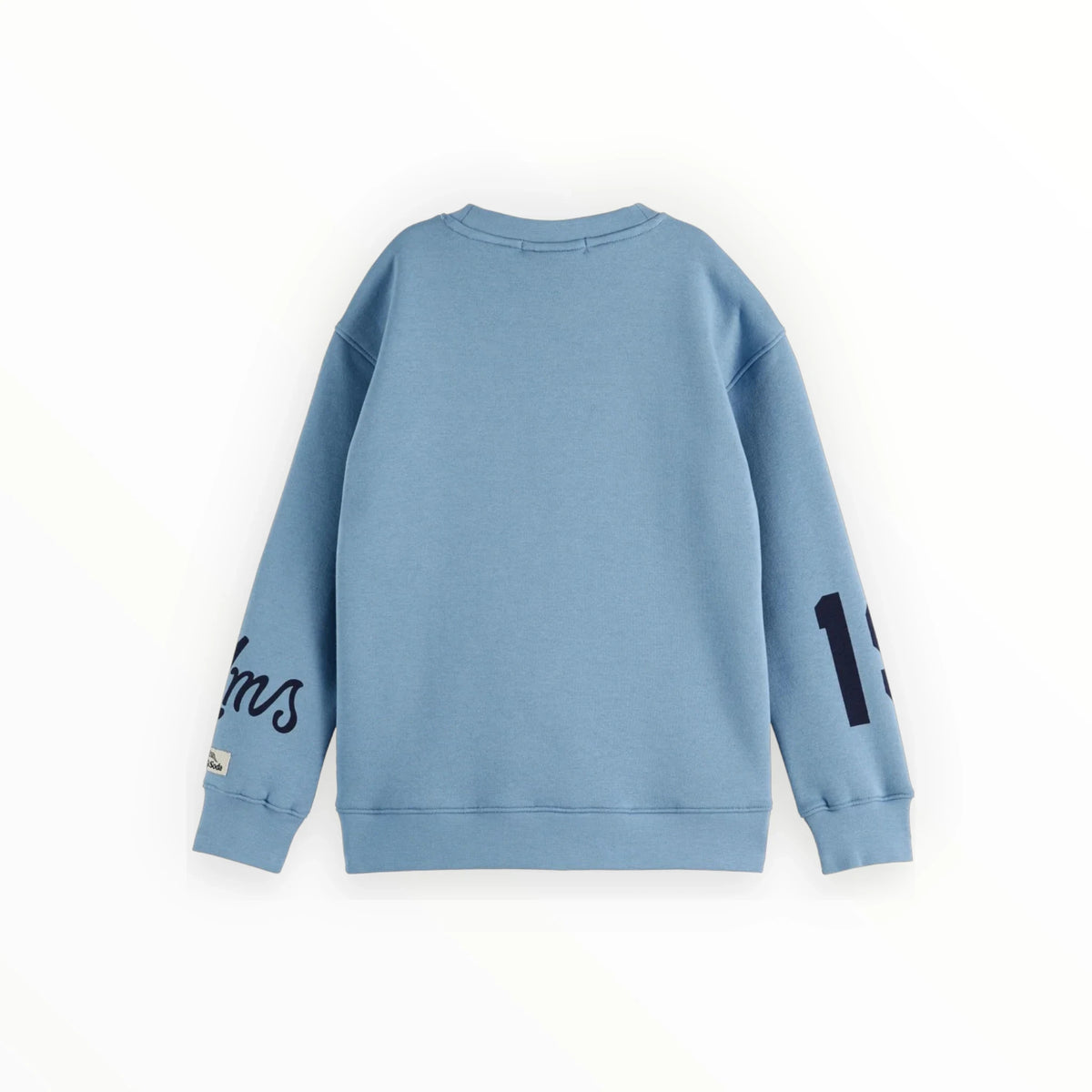 Lichtblauwe katoenen sweater van Pierrot Outlet met donkerblauwe grafische details op de mouwen en geribde boorden.