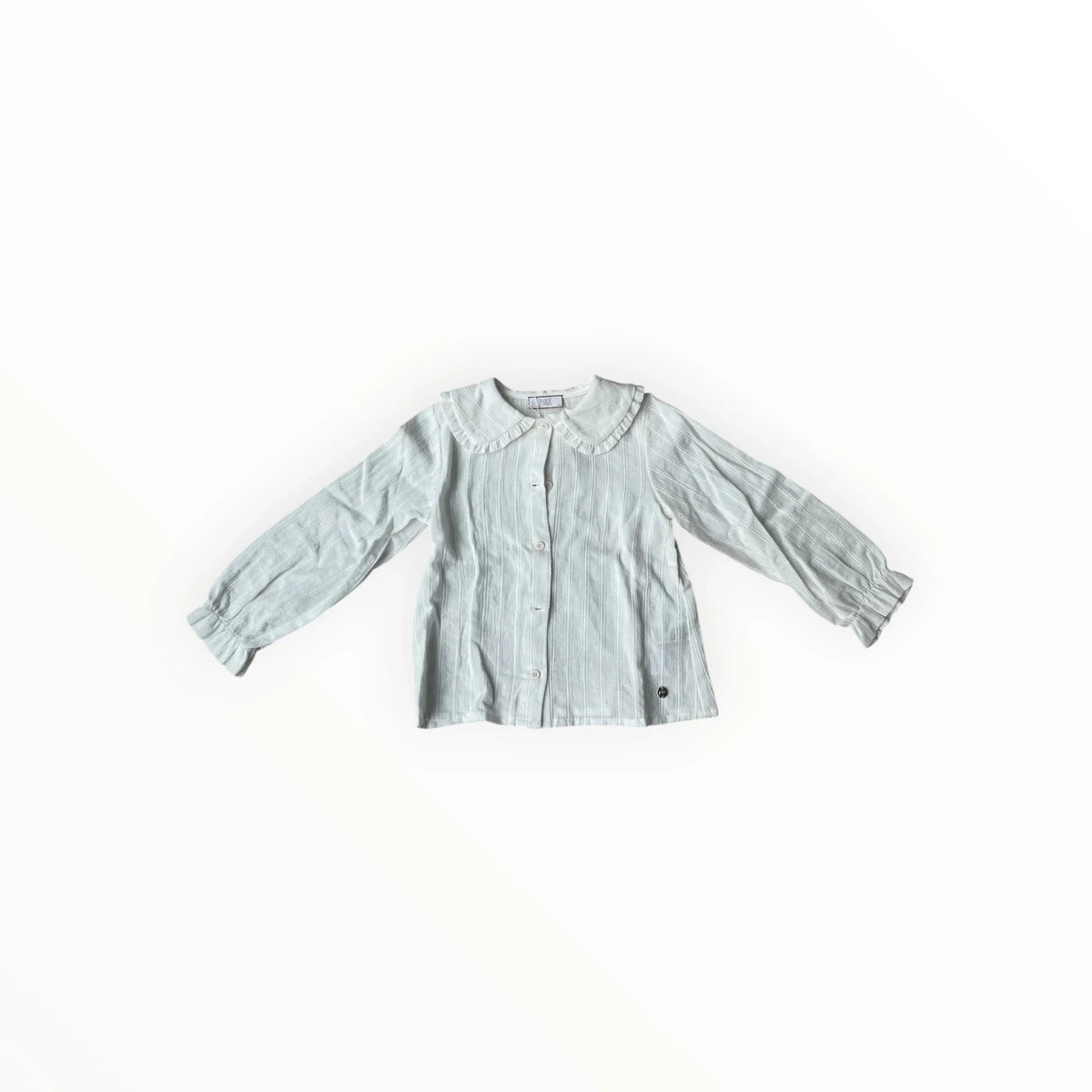 Pierrot Outlet lichtblauwe blouse voor kinderen met verticaal streepdessin, kraag met ruches en lange mouwen.