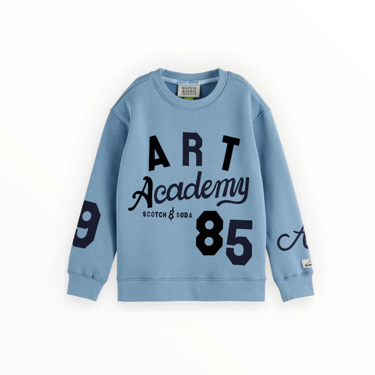 Pierrot Outlet lichtblauwe katoenen sweater van Scotch & Soda met Art Academy grafische print en geribde boorden