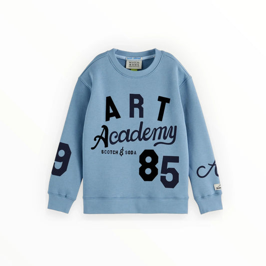Pierrot Outlet lichtblauwe katoenen sweater van Scotch & Soda met Art Academy grafische print en geribde boorden