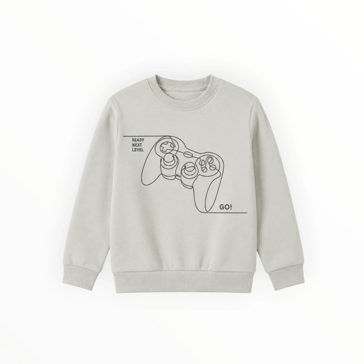 Pierrot Outlet lichtgrijze sweater met zwarte game controller lijntekening en tekst Ready Next Level Go voor kinderen