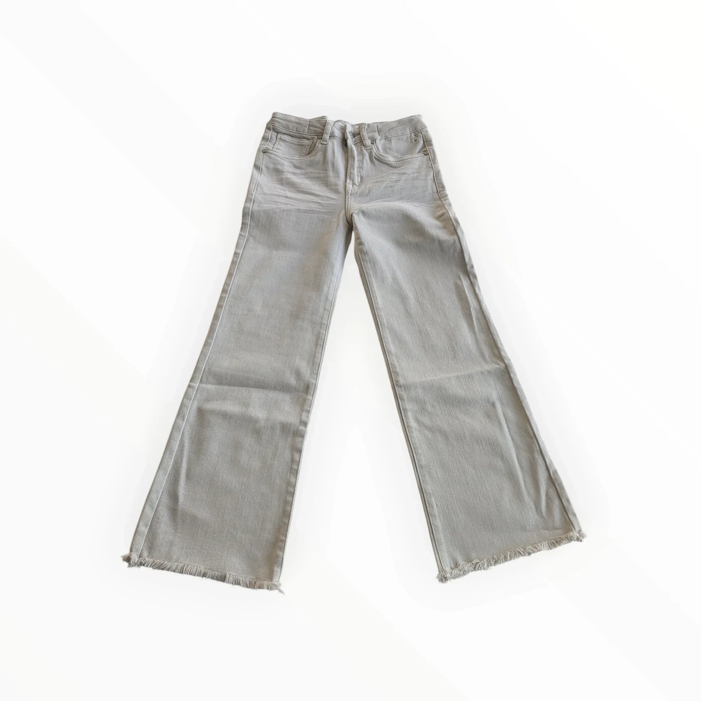 Pierrot Outlet lichtgrijze wijde jeans van denim met rafelranden en elastische tailleband.