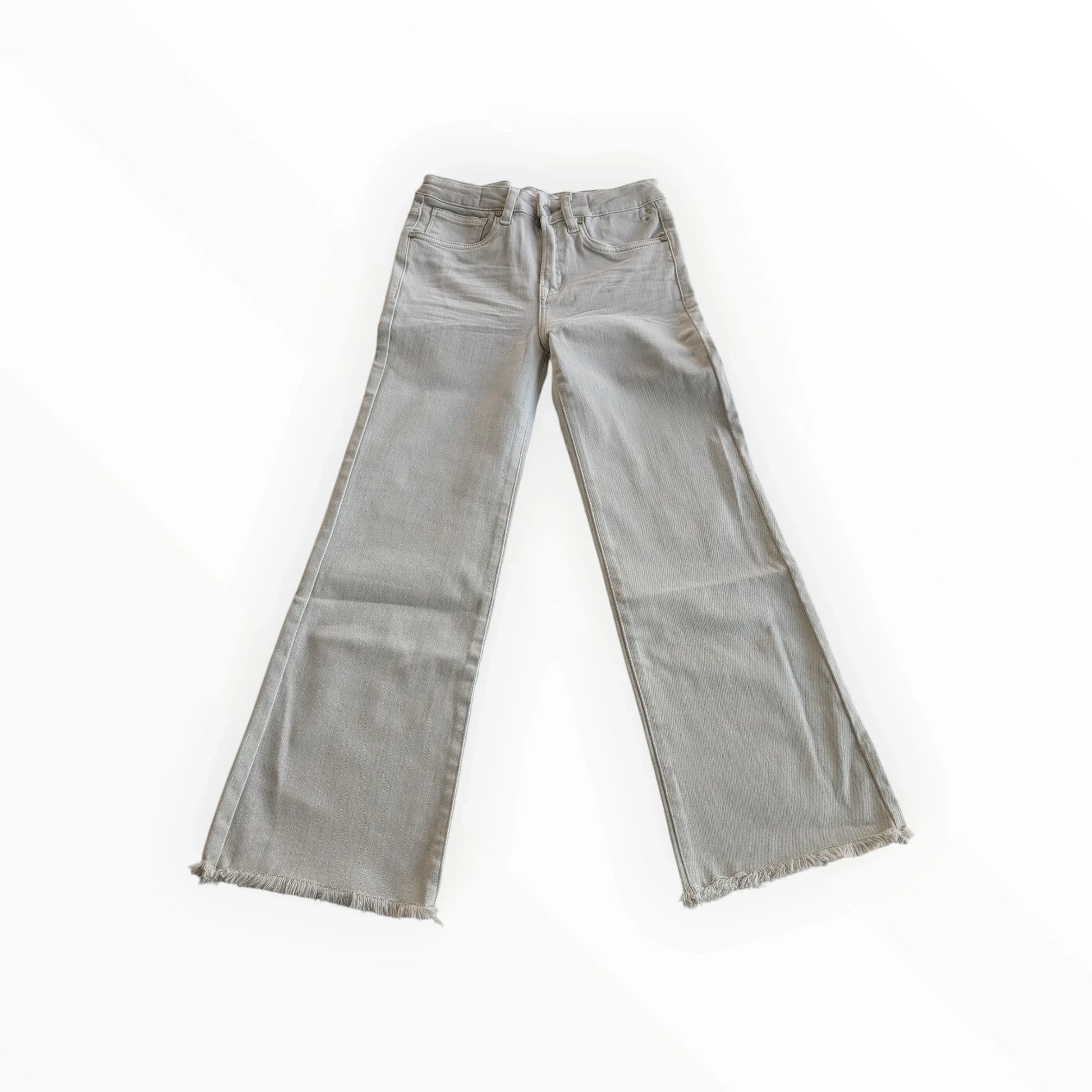 Pierrot Outlet lichtgrijze wijde jeans van denim met rafelranden en elastische tailleband.