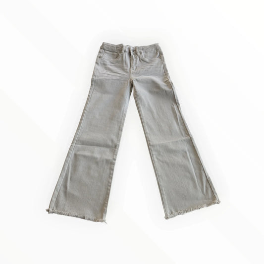Pierrot Outlet lichtgrijze wijde jeans van denim met rafelranden en elastische tailleband.