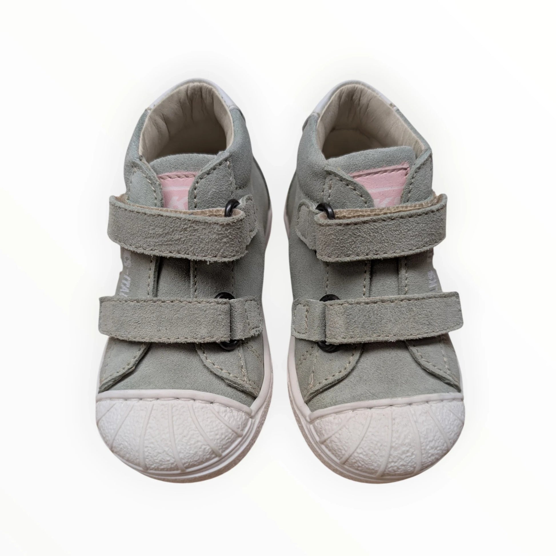 Pierrot Outlet babyschoenen lichtgroen suède-look met roze accenten en klittenbandsluiting