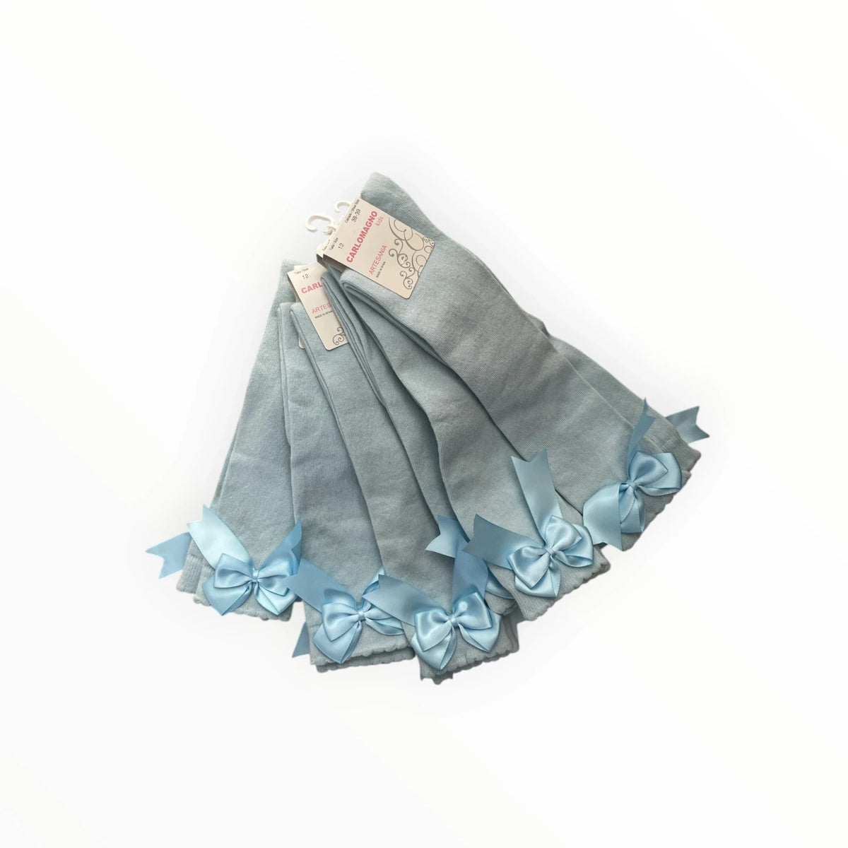 Pierrot Outlet light blue knee-high socks with ribbed texture and decorative satin bows at the cuff