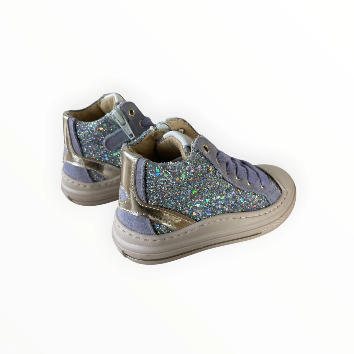 Pierrot Outlet lila hoge sneakers voor kinderen met glitters, suède-look details en een ritssluiting aan de zijkant.