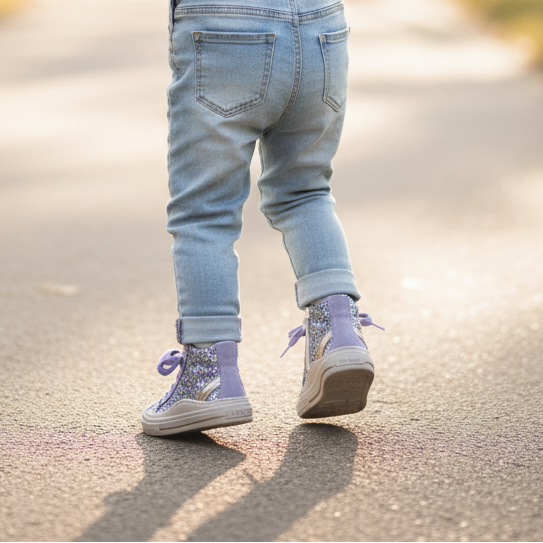 Pierrot Outlet lila glitter hoge sneakers voor kinderen gedragen door een meisje met een windmolentje in het park
