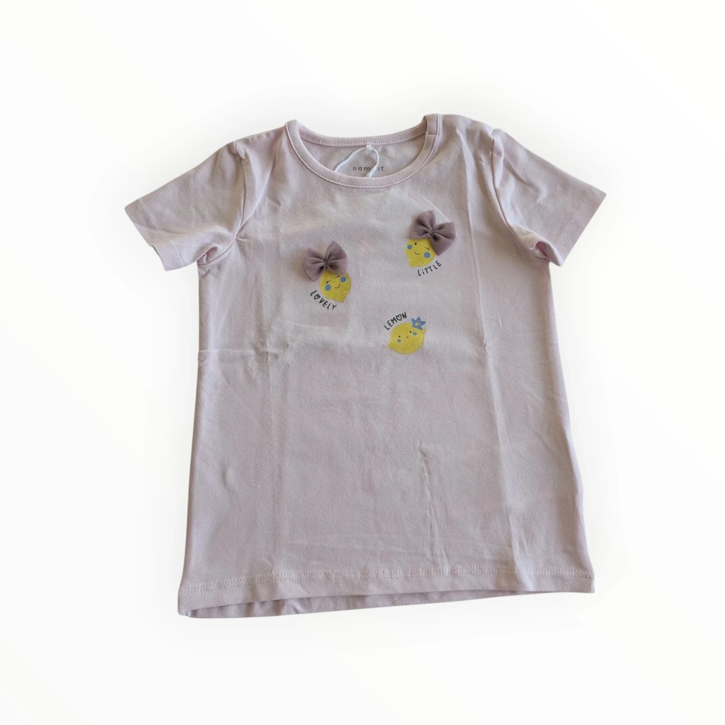 Pierrot Outlet lila katoenen T-shirt voor meisjes met citroenprint en strikjes, korte mouwen, ronde hals.