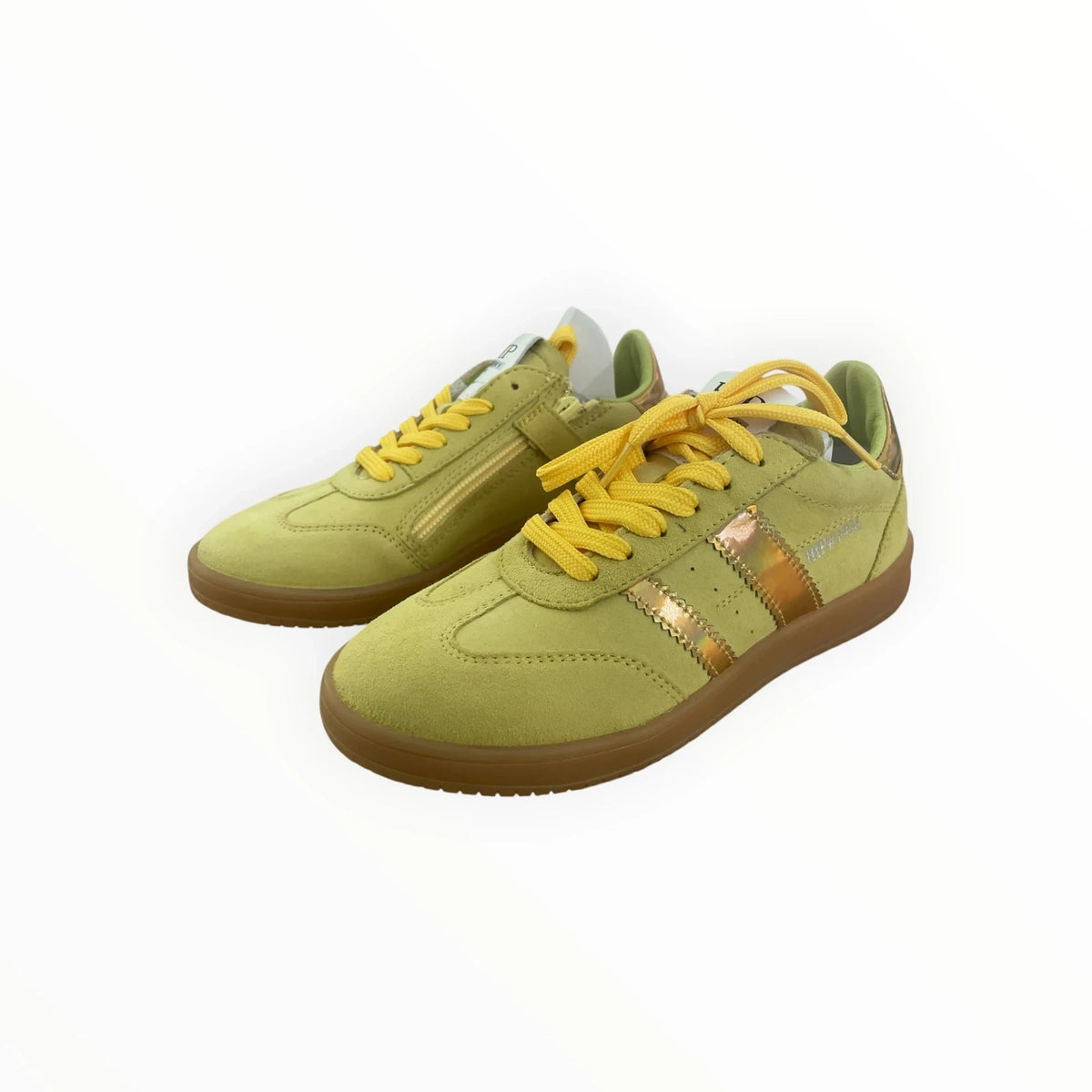 Pierrot Outlet lime green suede low-top sneakers with metallic gold stripes, yellow laces, and a gum rubber sole.