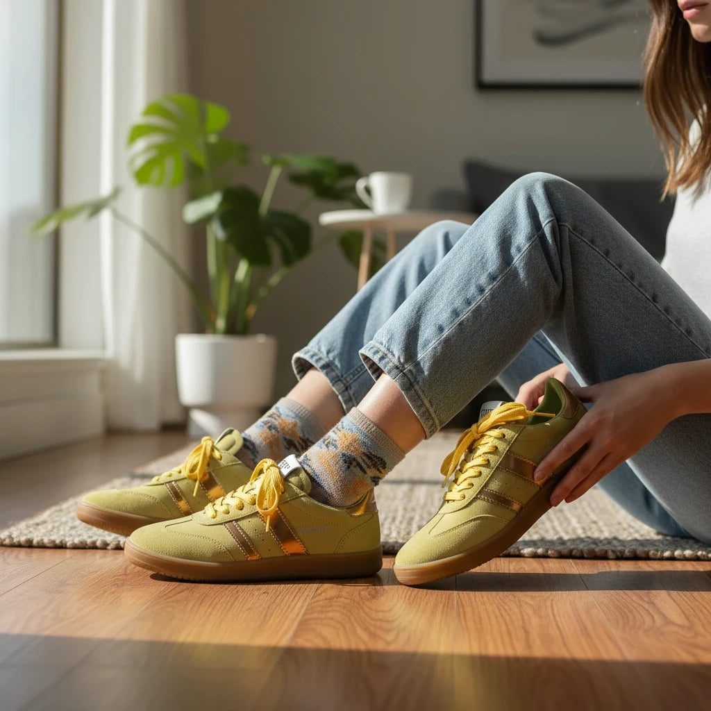 Pierrot Outlet limegroene suède sneakers met gouden details en gumzool, gedragen door een vrouw in een woonkamer.