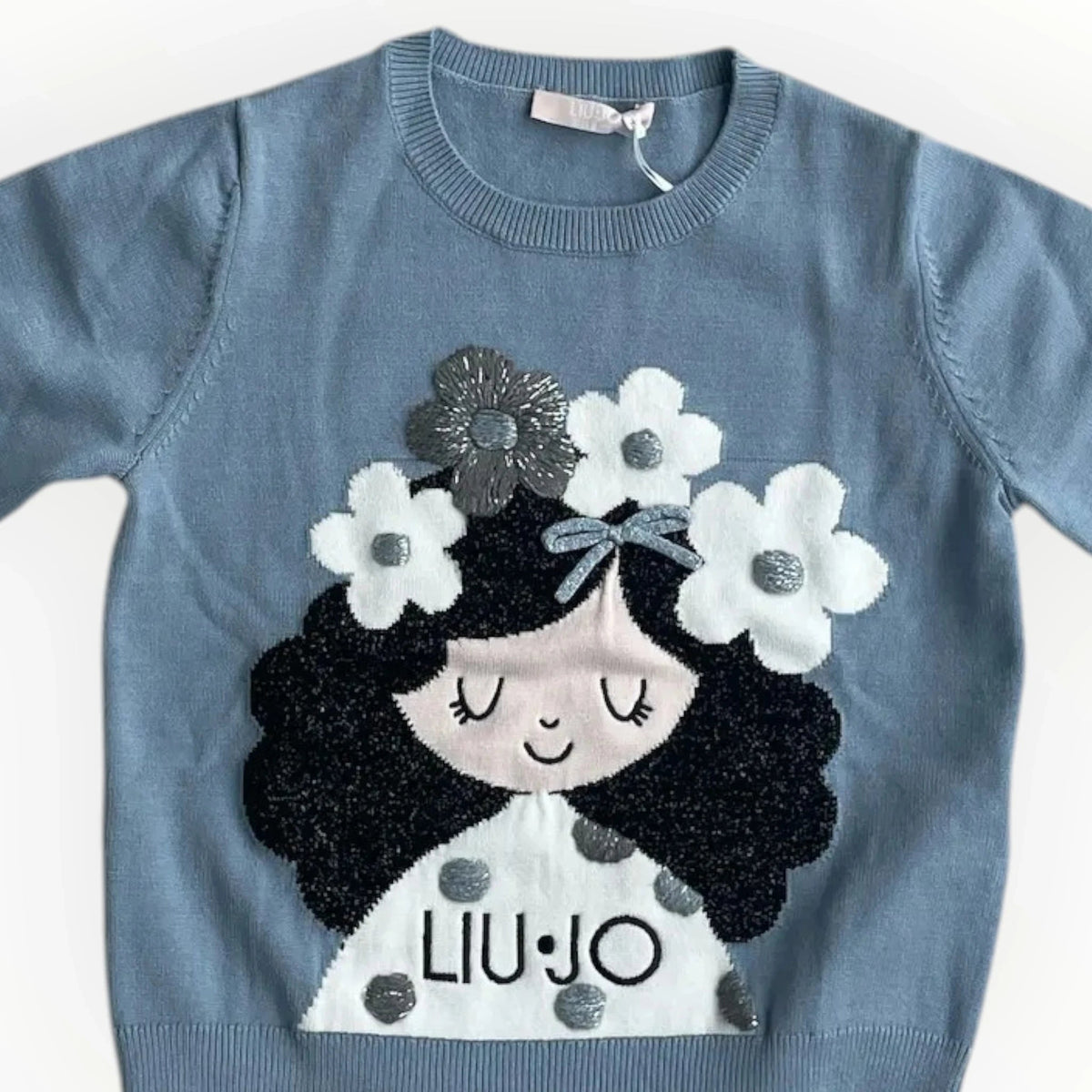 Pierrot Outlet Liu Jo blauwe gebreide meisjes trui met applicatie van een meisje met bloemenkrans en glitters
