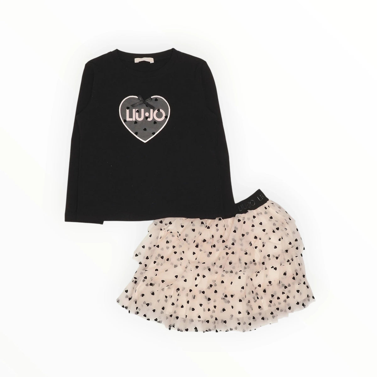 Pierrot Outlet Liu Jo meisjes set met zwarte longsleeve met hartlogo en poederroze tule rok met hartjespatroon