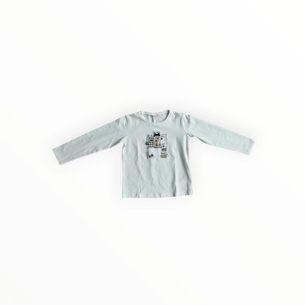 Pierrot Outlet Liu Jo shirt met lange mouwen in wit met een modieuze kledingrek illustratie en strikje