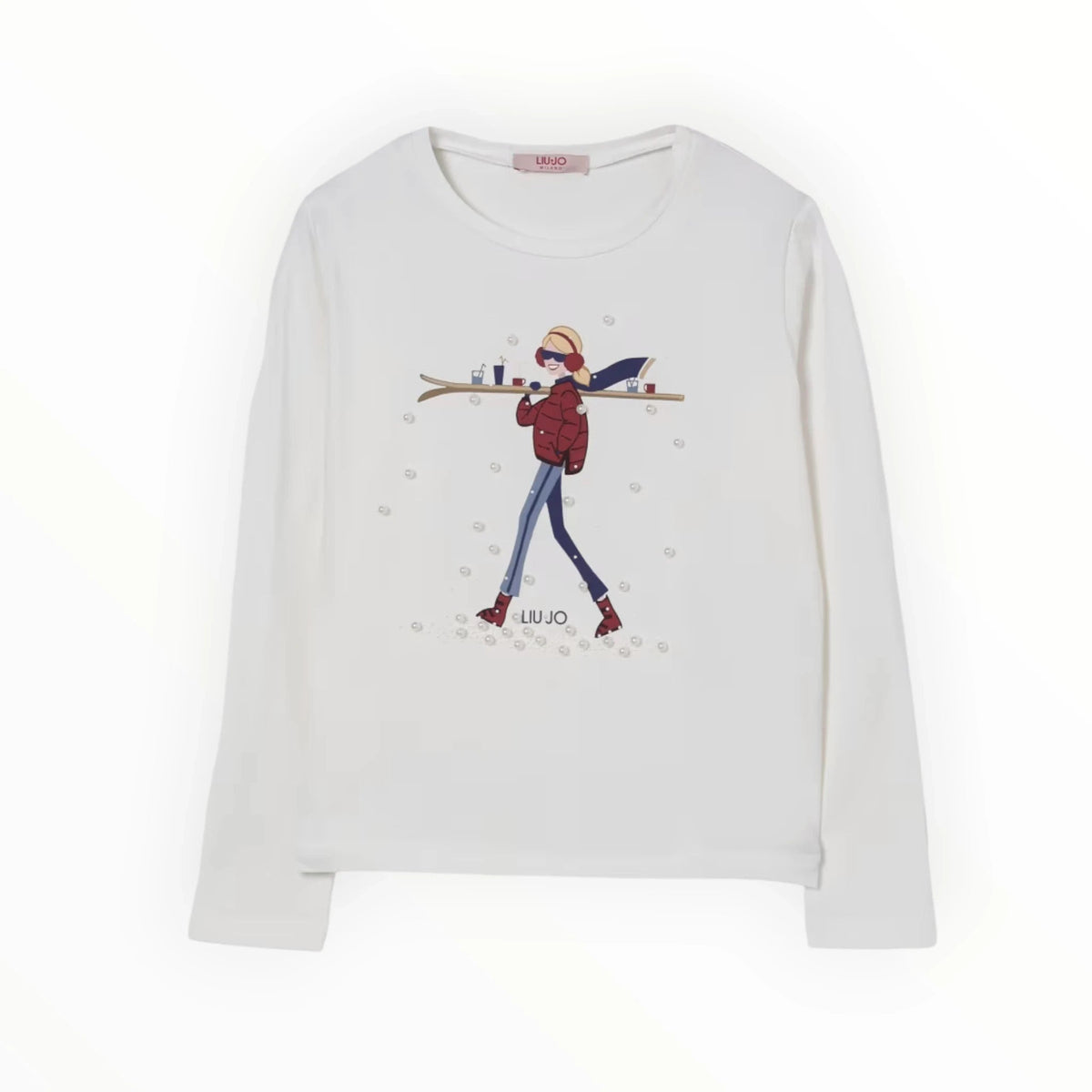 Pierrot Outlet wit Liu Jo shirt met lange mouwen en een gedetailleerde wintersporter print met sprankelende accenten.