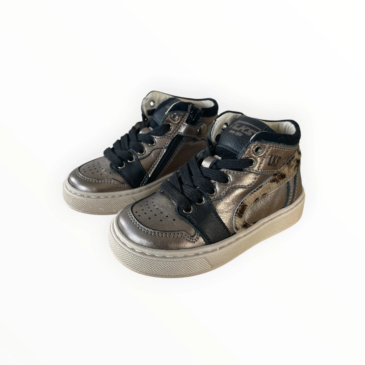 Pierrot Outlet LKS hoge sneakers voor kinderen in metallic brons met dierenprint details en zwarte veters.