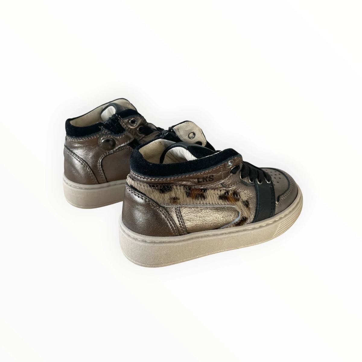 Pierrot Outlet LKS hoge sneakers voor kinderen in metallic brons met dierenprint details en zwarte veters.