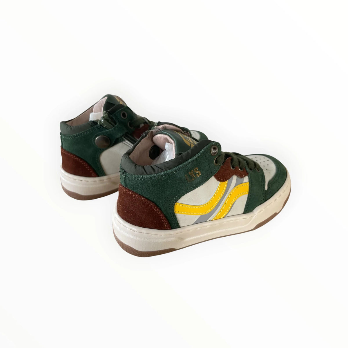 Pierrot Outlet LKS hoge sneakers voor kinderen in groen, bruin en geel met veters en ritssluiting