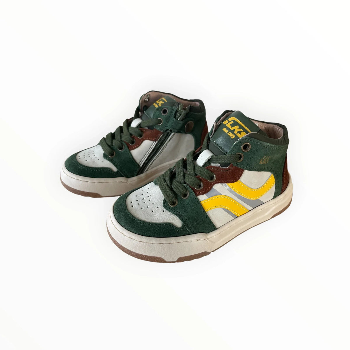 Pierrot Outlet LKS hoge sneakers voor kinderen in groen, bruin en geel met veters en ritssluiting