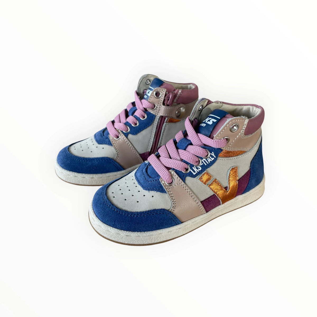 Pierrot Outlet LKS ITALY hoge sneakers voor kinderen in blauw, roze en beige suède met metallic gouden accenten.