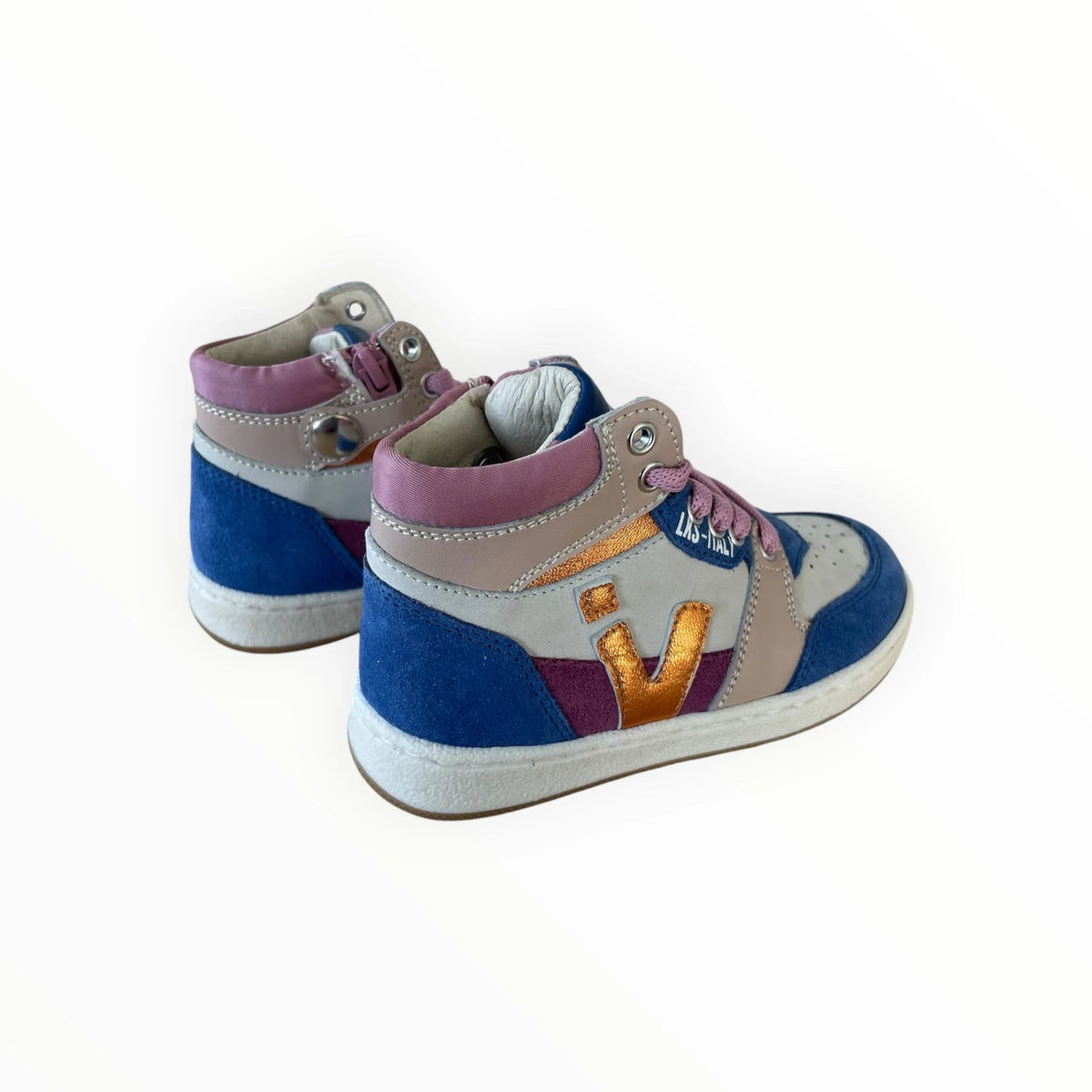Pierrot Outlet LKS ITALY high-top sneakers voor kinderen in blauw, roze, beige en metallic goud suède en leer.