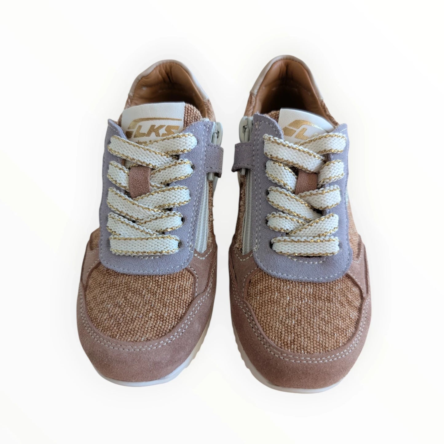 Pierrot Outlet LKS sneakers voor kinderen in bruin/roze met gouden accenten, veters en rits