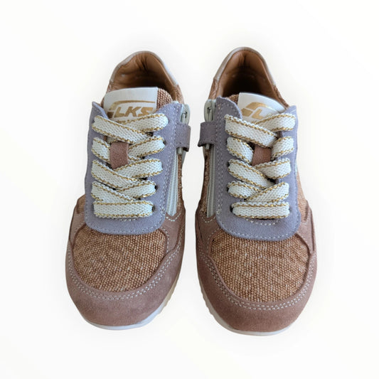 Pierrot Outlet LKS sneakers voor kinderen in bruin/roze met gouden accenten, veters en rits