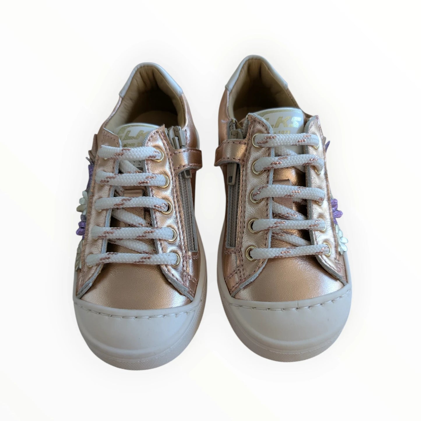 Pierrot Outlet LKS roségouden sneakers voor meisjes met bloemapplicaties, veters en ritssluiting
