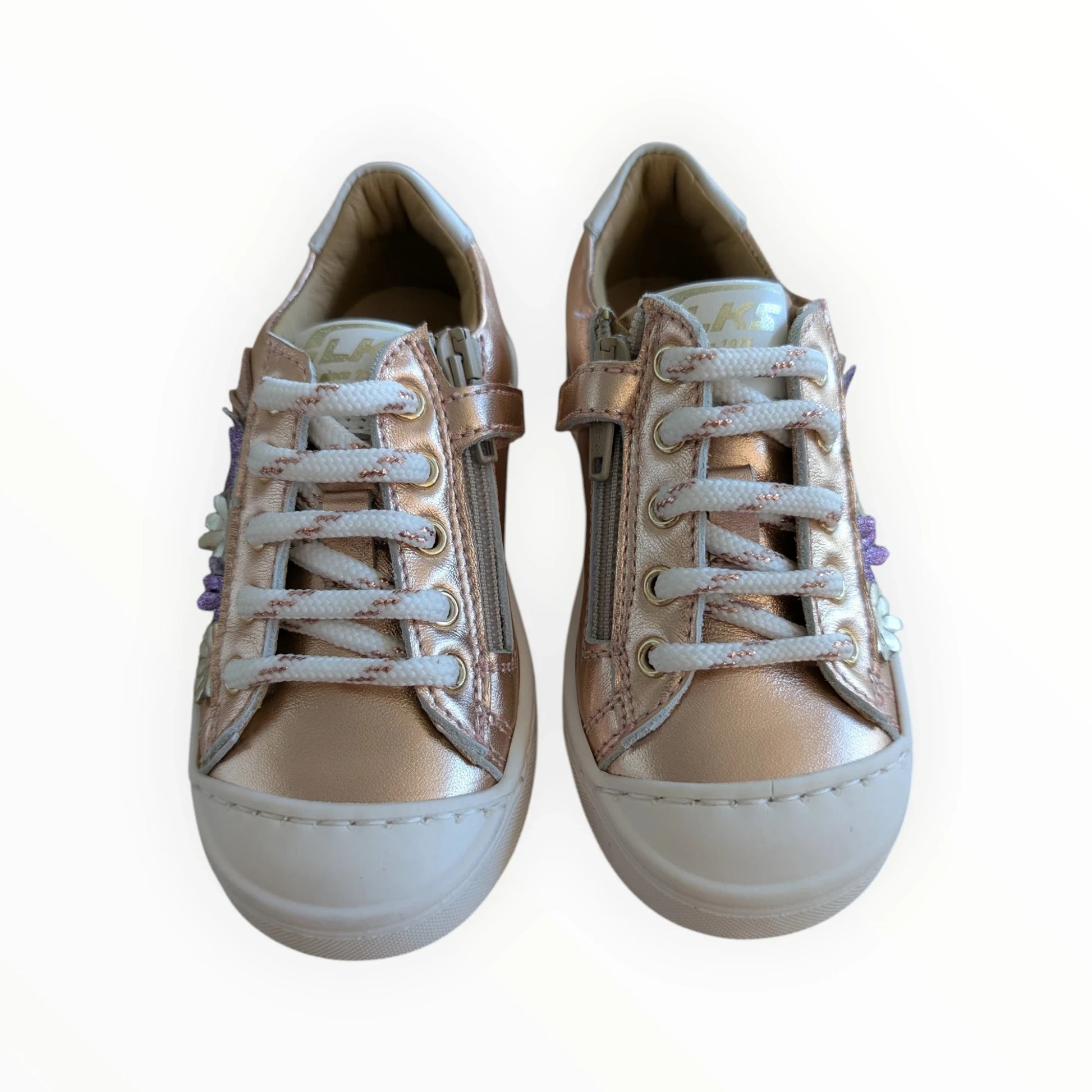 Pierrot Outlet LKS roségouden sneakers voor meisjes met bloemapplicaties, veters en ritssluiting