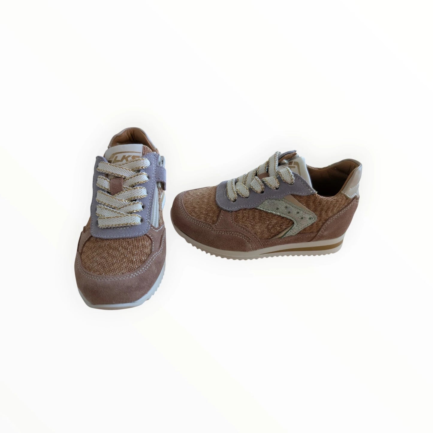 Pierrot Outlet LKS kindersneakers in bruin/roze met gouden accenten, veters en rits. Gemaakt van textiel en suède-look.