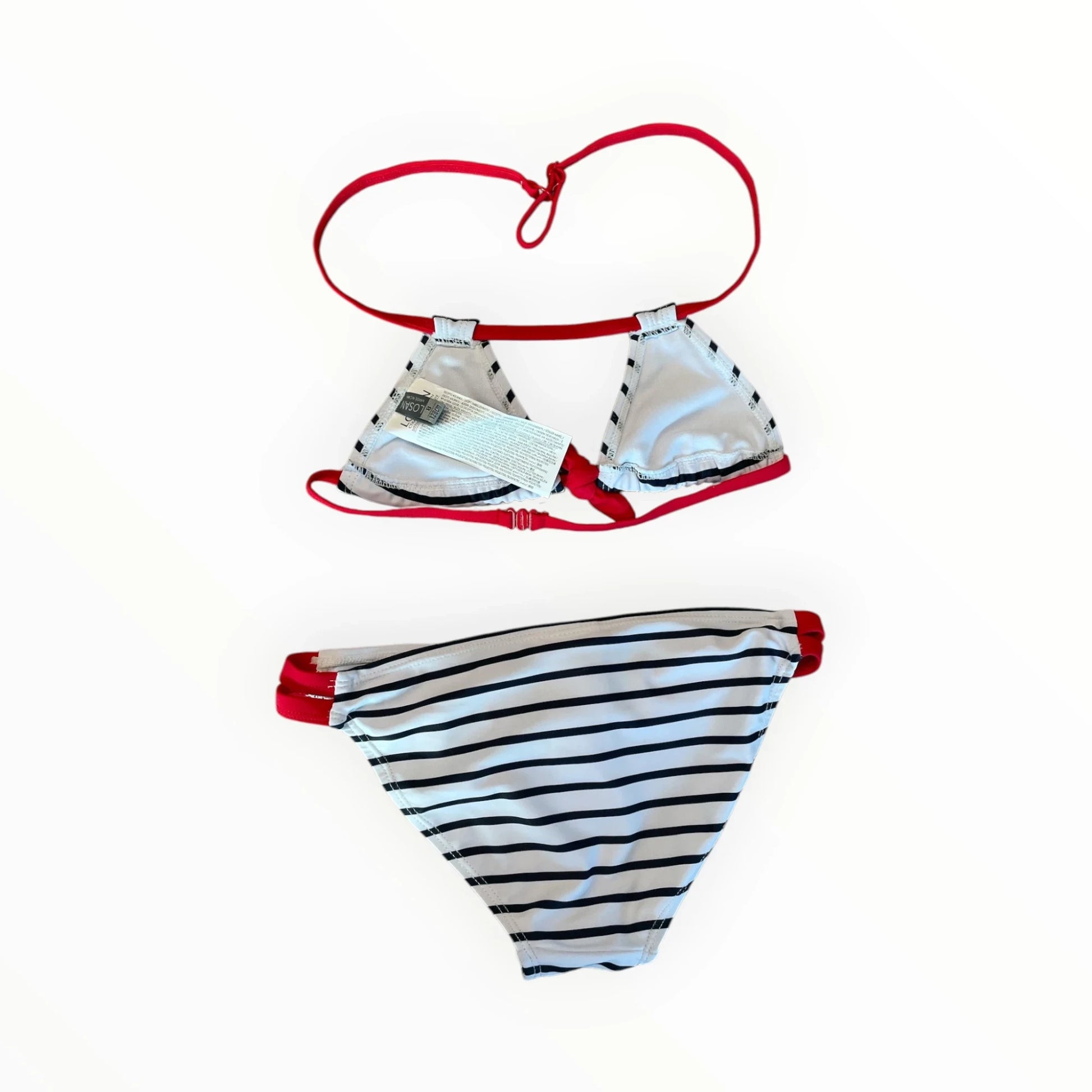 Pierrot Outlet Losan tweedelige bikini met nautisch gestreept patroon en opvallende rode bandjes.