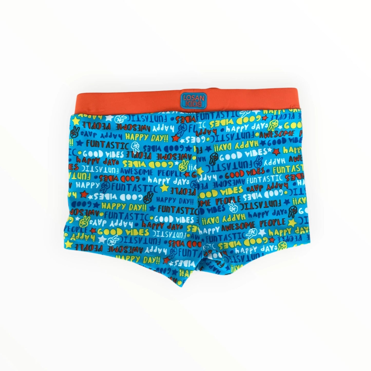 Pierrot Outlet Losan Kids zwemboxer in blauw met kleurrijke tekstprint en opvallende oranje tailleband.