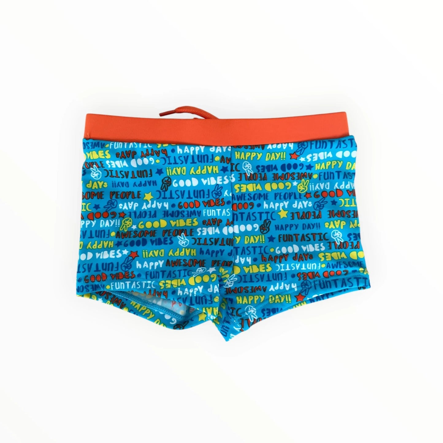 Pierrot Outlet Losan Kids zwemboxer in blauw met kleurrijke tekstprint en opvallende oranje tailleband.