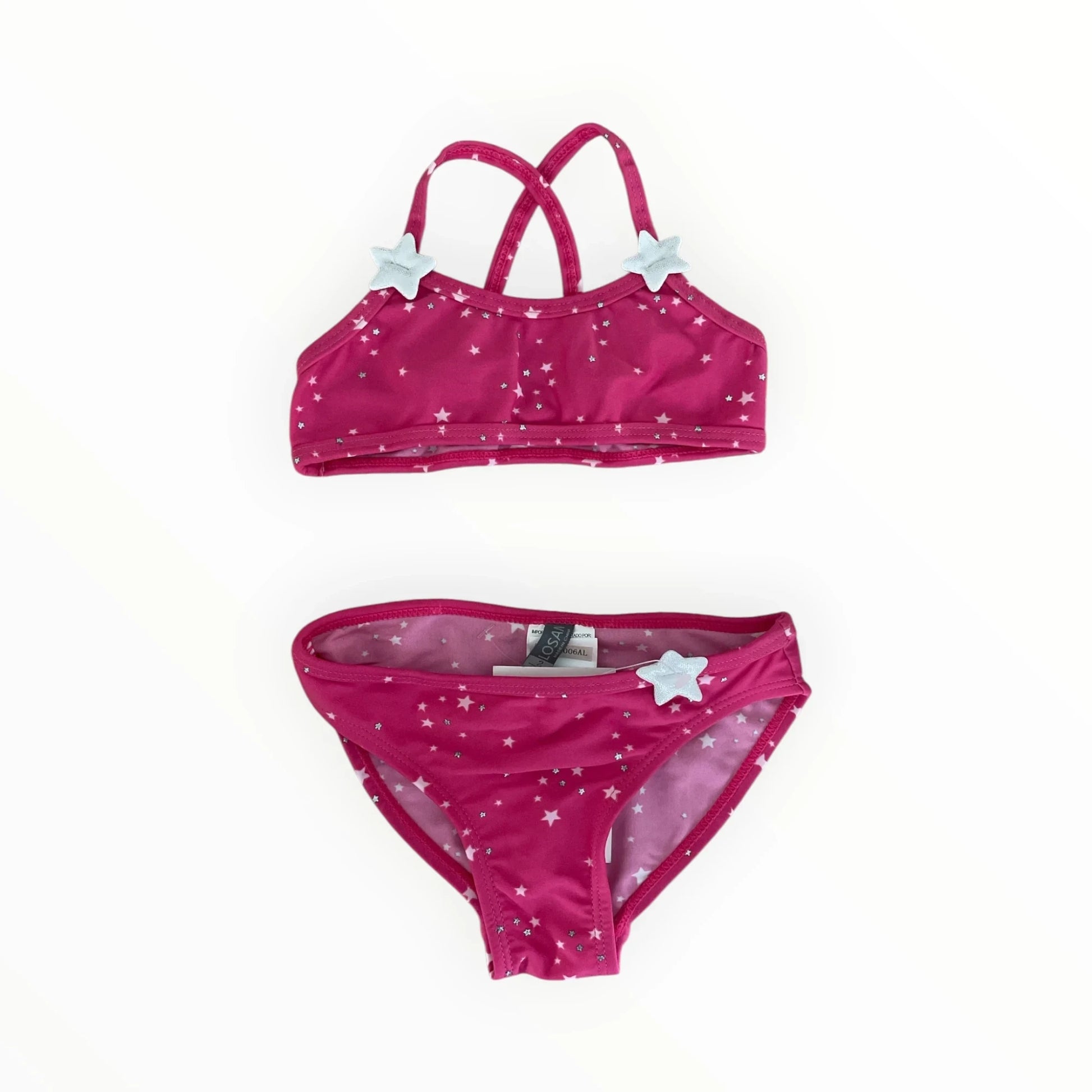 Pierrot Outlet Losan roze bikini voor kinderen met sterrenprint, gekruiste bandjes en decoratieve ster-applicaties.