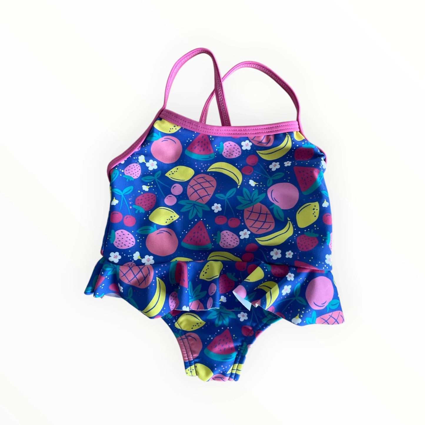 LOSAN zwempak voor meisjes van Pierrot Outlet met vrolijke fruitprint, roze bandjes en een schattig rokje.