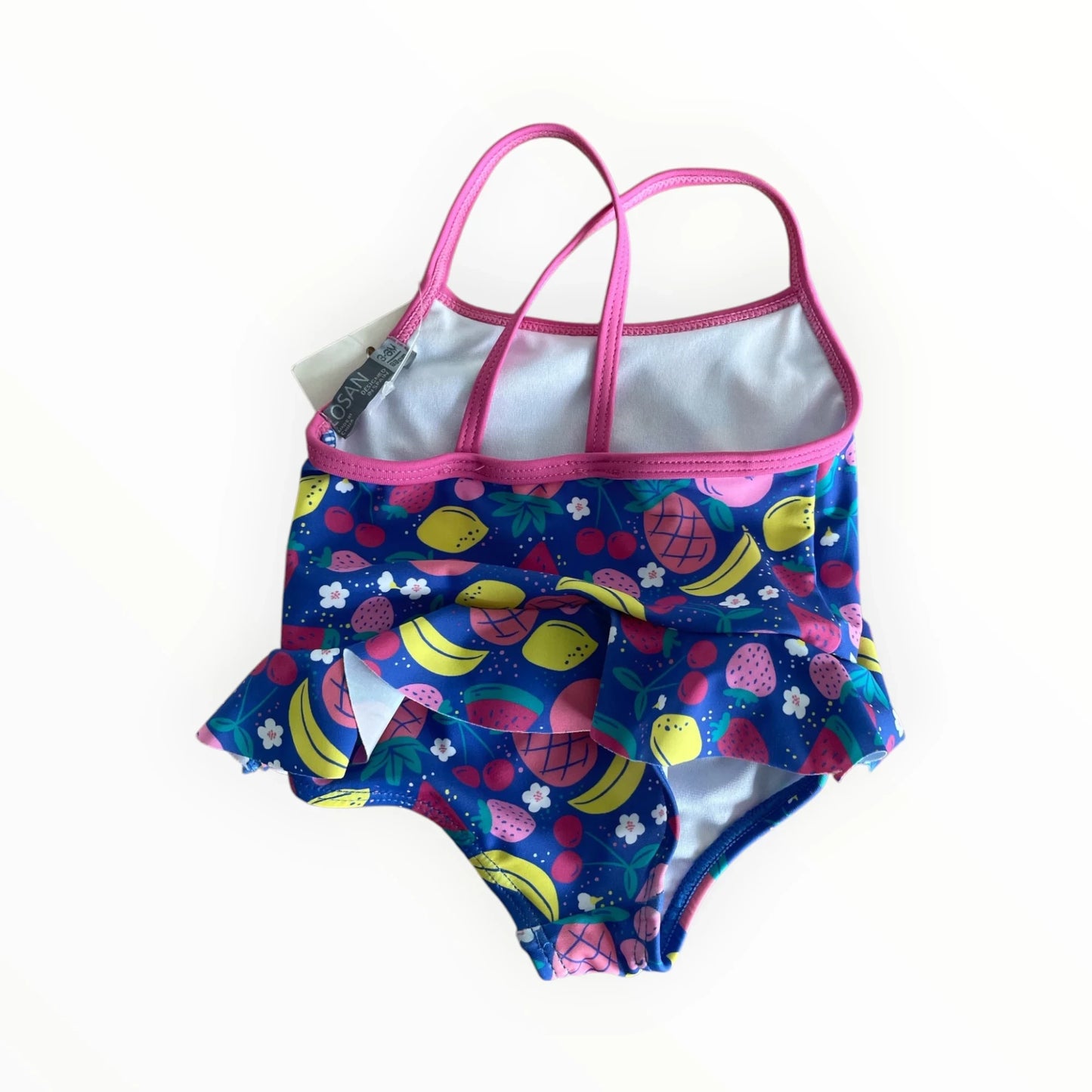 Pierrot Outlet LOSAN meisjeszwempak met fruitprint, blauw met roze bandjes en schattig rokje voor de zomer.