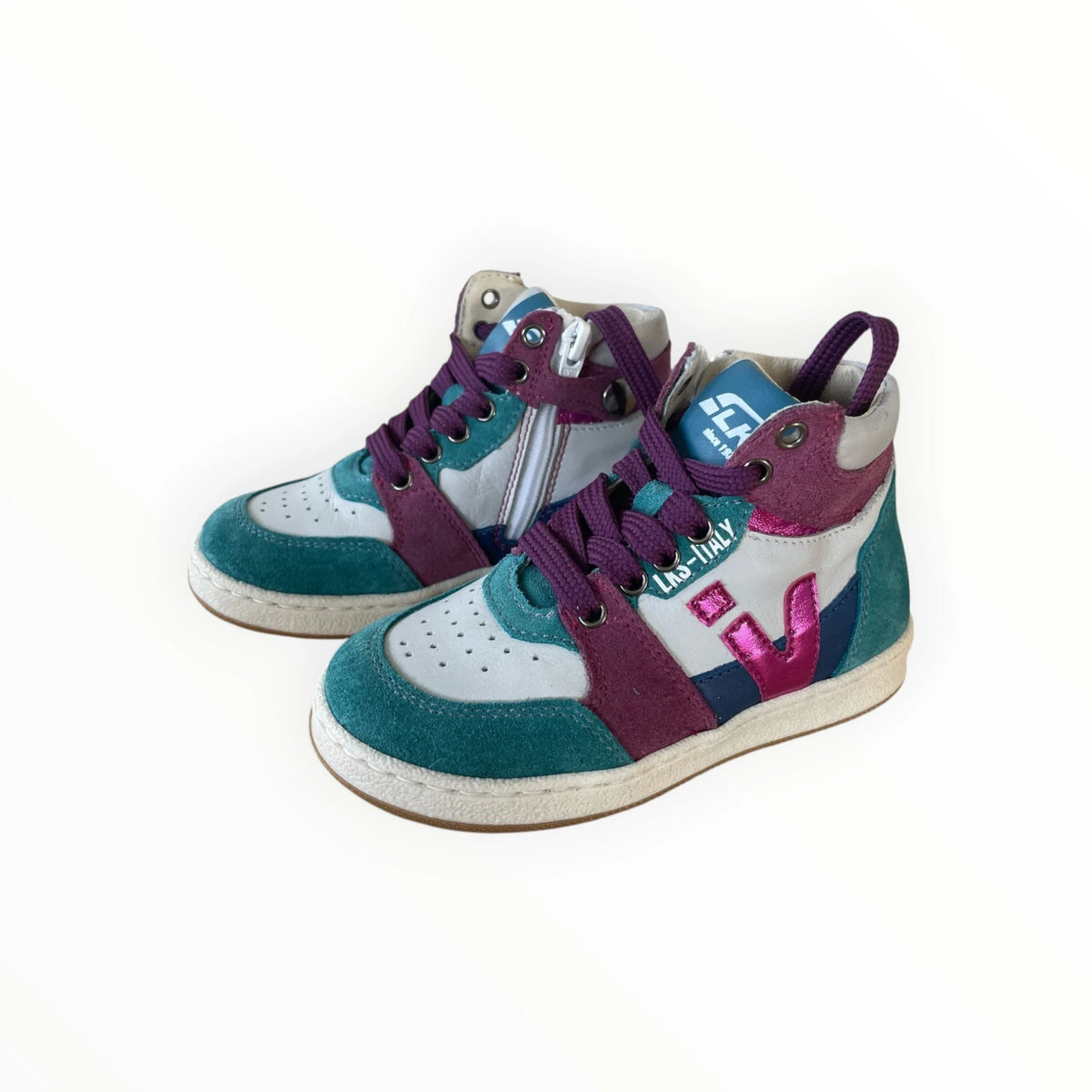 Pierrot Outlet L&S Italy high-top kindersneakers in wit, turquoise, paars en roze leer en suède met ritssluiting.