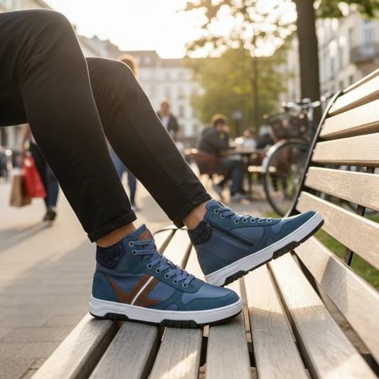 Pierrot Outlet Luca blauwe sneakers van leer en suède met bruine accenten, witte zool en ritssluiting aan de zijkant.