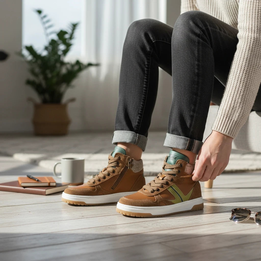 Pierrot Outlet Luca high-top sneakers in bruin leer en suède met groene accenten en praktische ritssluiting.