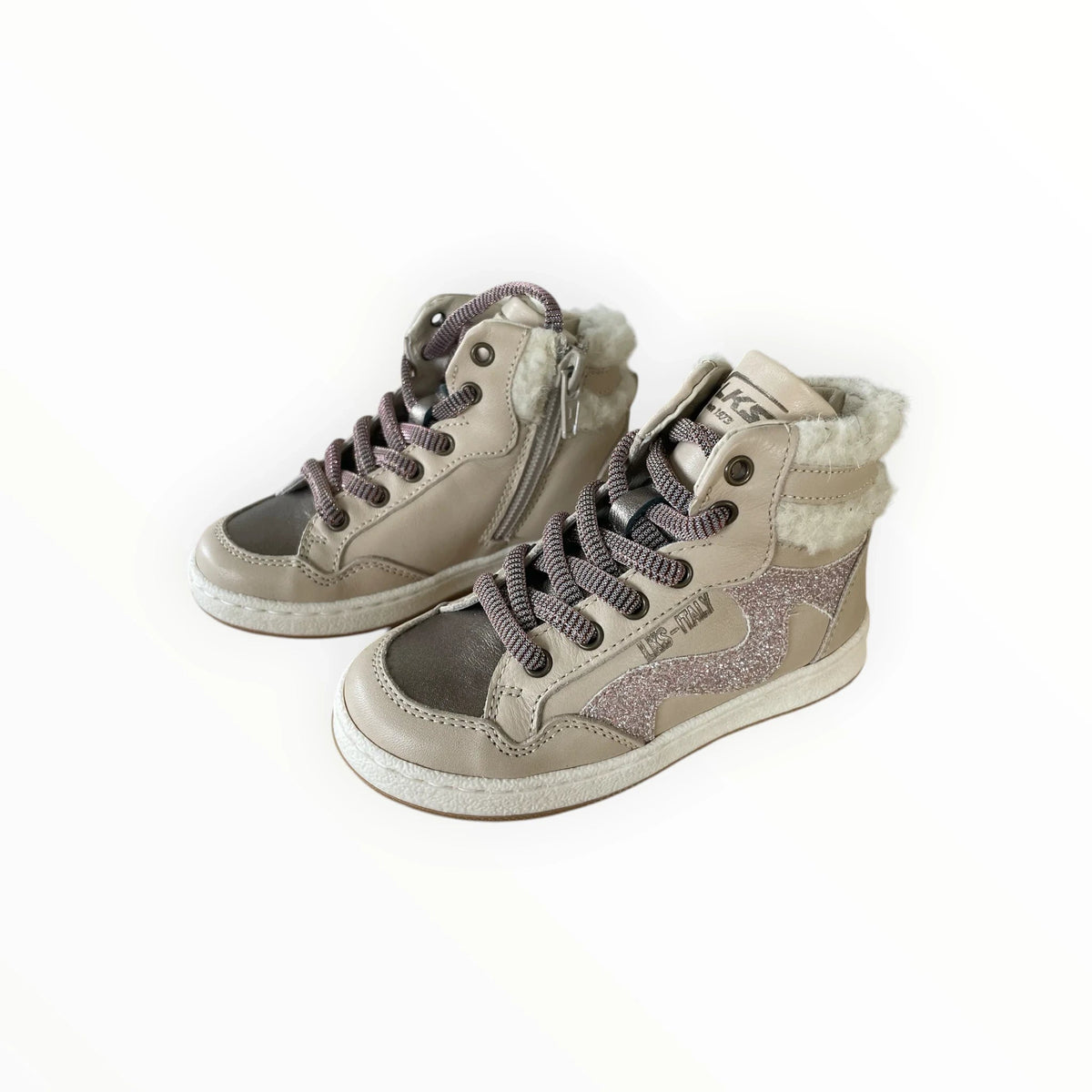 Pierrot Outlet beige Luks-Italy enkellaarsjes voor kinderen met glitterdetails, veters, rits en warme voering.