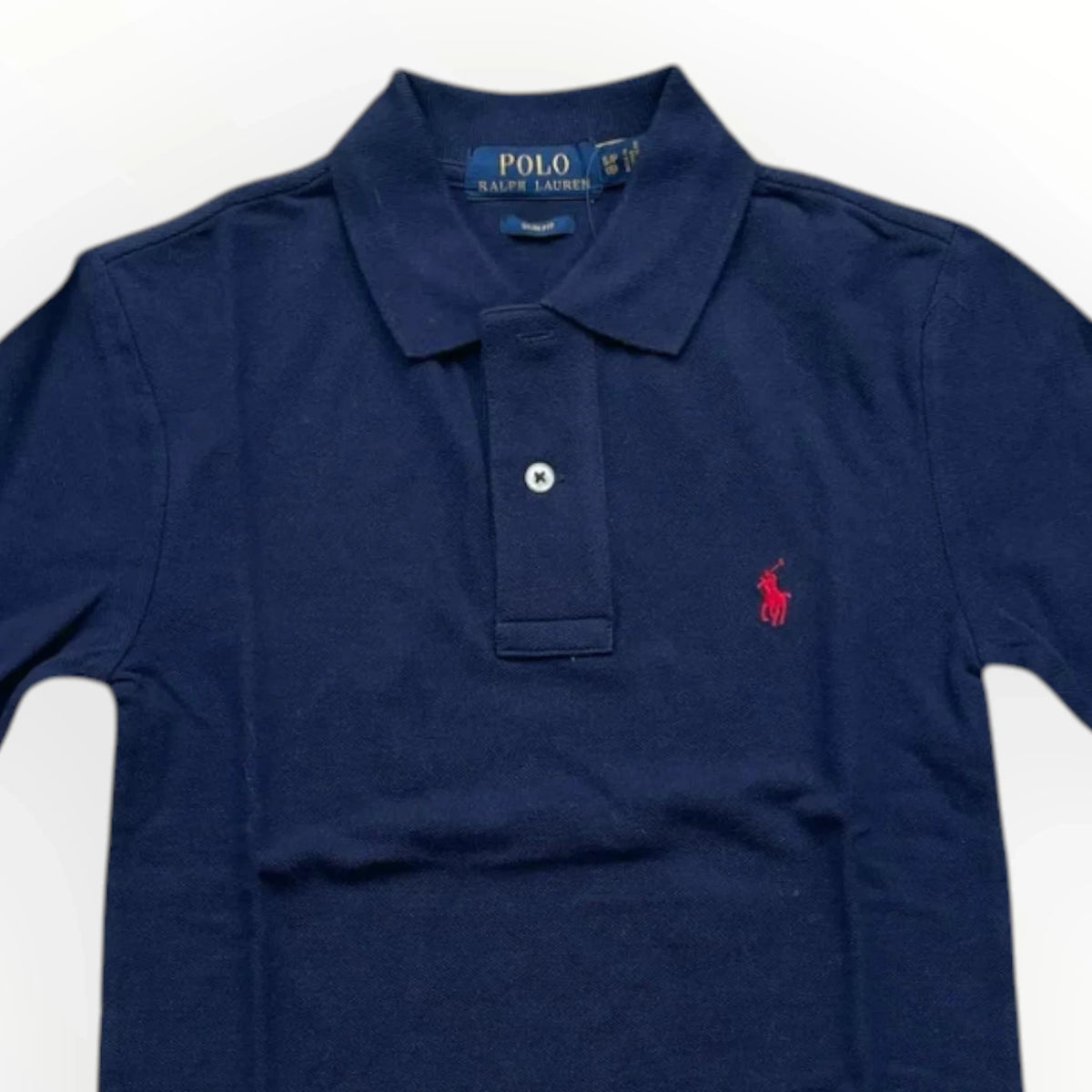 Pierrot Outlet marineblauwe Polo Ralph Lauren polo met lange mouwen en rood geborduurd logo op de borst