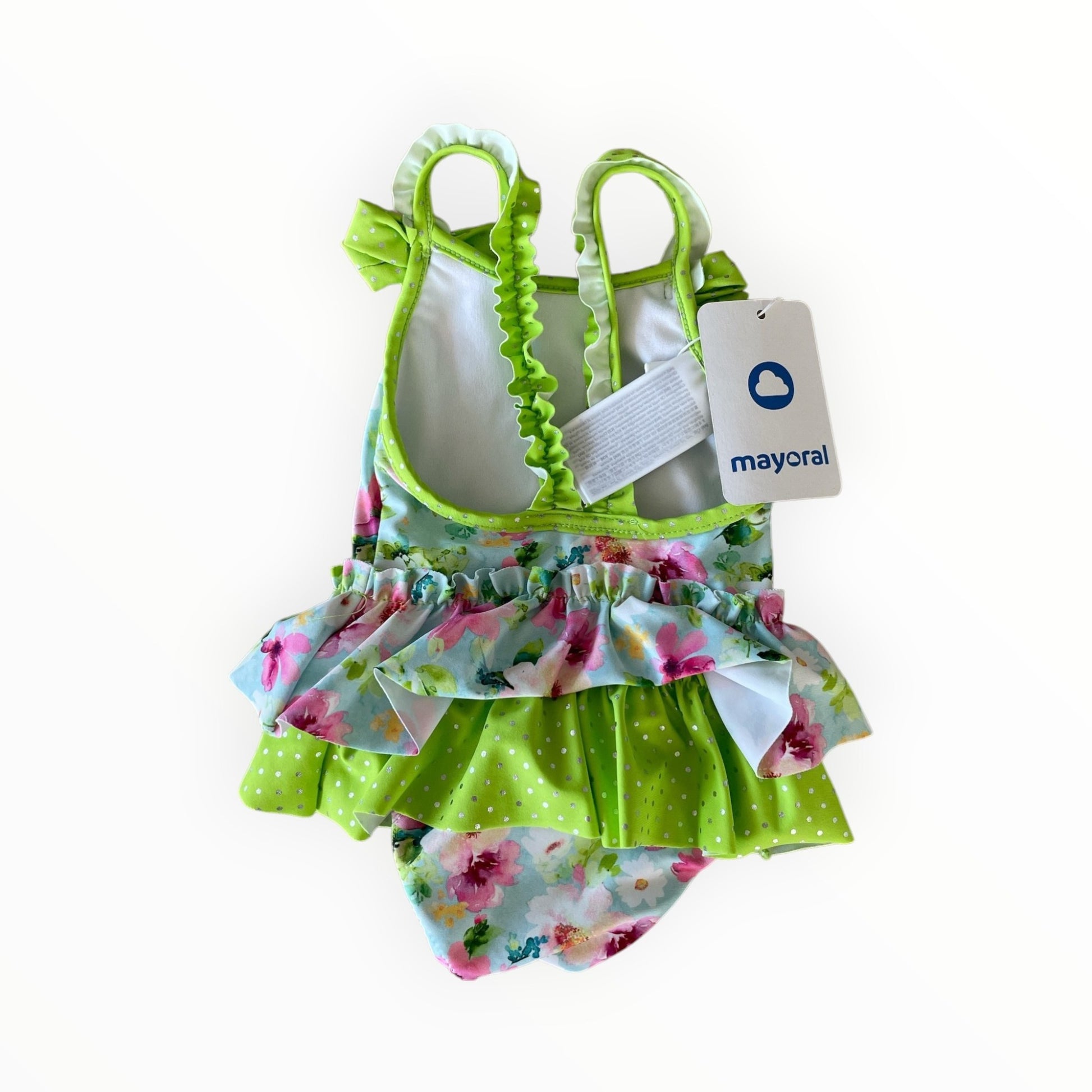 Mayoral zwempak voor meisjes met bloemenprint, ruches, limegroene accenten en strikjes bij Pierrot Outlet.