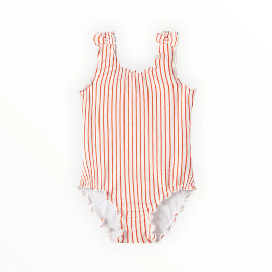 Pierrot Outlet meisjes badpak met rode en witte strepen, ruches en strikjes op de schouders. Zomerse zwemkleding.