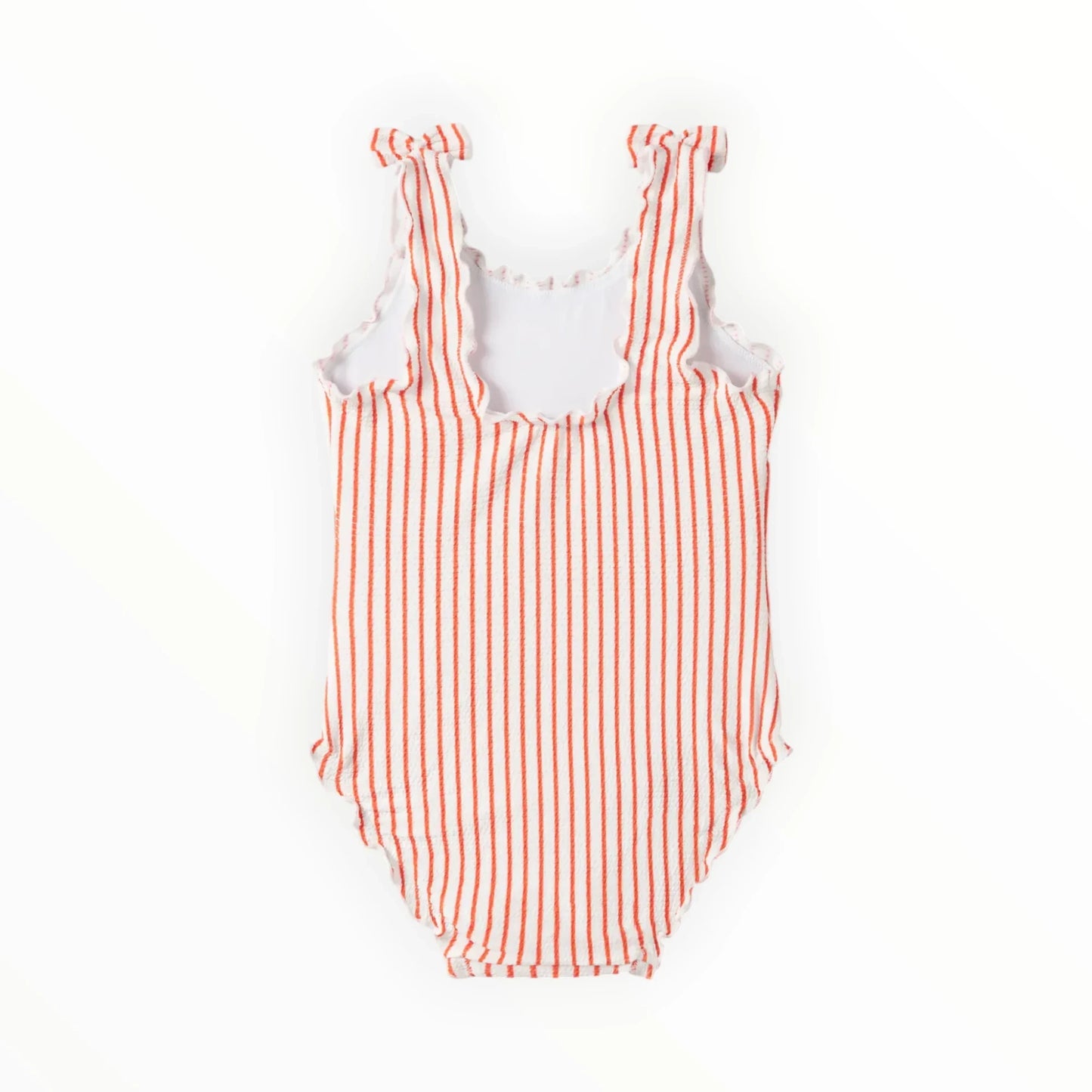 Pierrot Outlet meisjes badpak met rode en witte strepen, ruches en strikbandjes op de schouders.