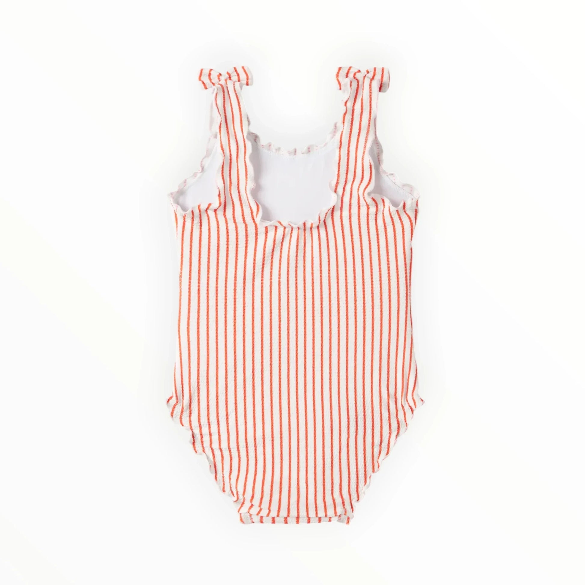 Pierrot Outlet meisjes badpak met rode en witte strepen, ruches en strikbandjes op de schouders.